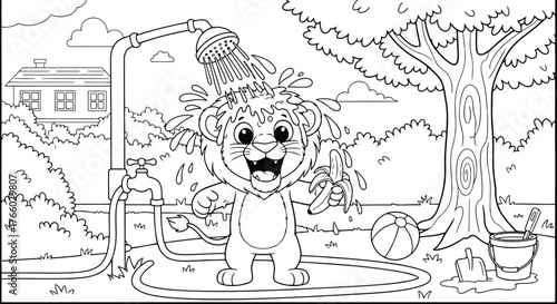 Vector art of cute cartoon lion cub taking a shower outdoors with a banana and a ball, black and white line art for coloring