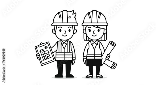 Vector art of two cartoon construction workers, a man and a woman, wearing hard hats and safety vests, holding a blueprint and a clipboard