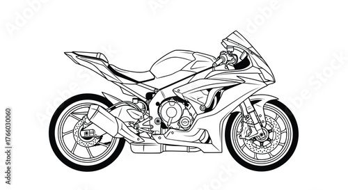 Vector art of detailed line art illustration of a modern sport racing motorcycle, showcasing its aerodynamic design, wheels, engine, and exhaust system