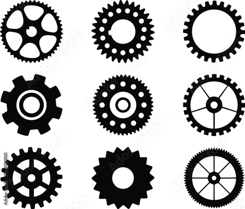 Silhouettes of nine mechanical gear icons in grid layout showcasing diverse tooth patterns, spoke designs, and engineering component styles