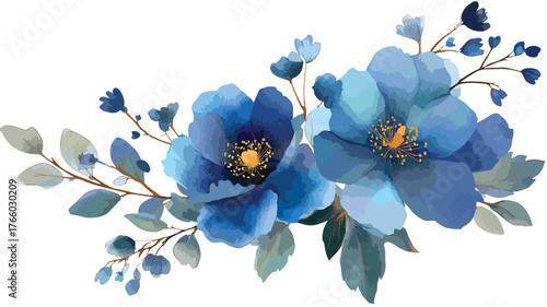 Elegant Blue Flower Arrangement with Branches and Lush Greene