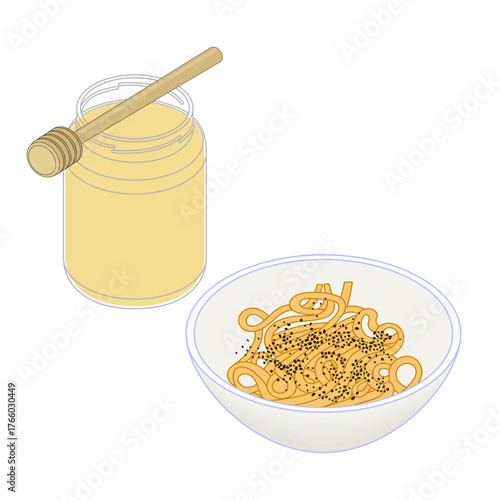 Polish poppy seed noodles, traditional Christmas food - hand drawn isometric vector illustration.