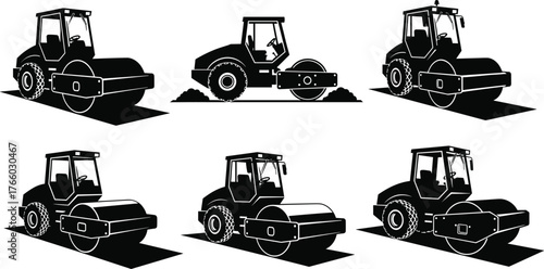 Silhouettes of road roller vehicles in various angles, construction machinery illustration, soil compaction, industrial equipment, drum roller design