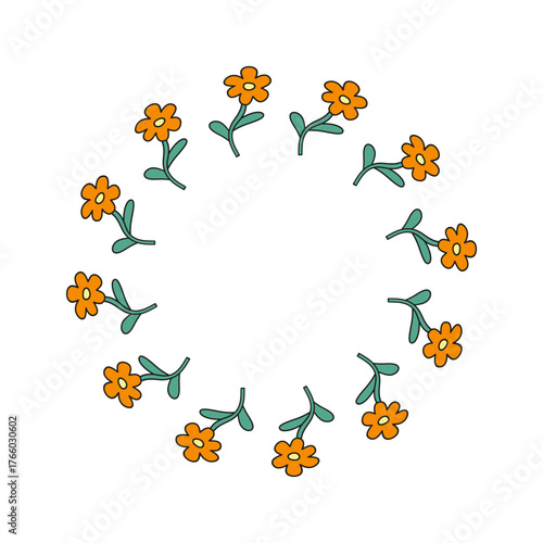 Cute round frame with doodle groovy daisy flowers isolated on white background.