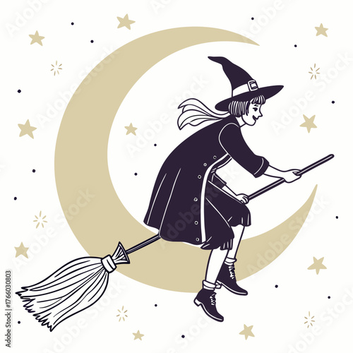 A young witch flying on a broomstick in front of the moon