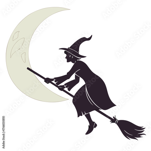 Silhouette of a witch flying on a broomstick in front of the moon on