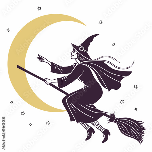 A witch flying on a broomstick in front of the moon and stars on