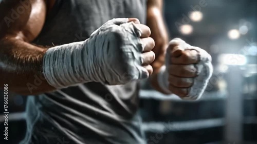 Close-up of a boxer's hands wrapped in cloth hand wraps, fists clenched in a gym.