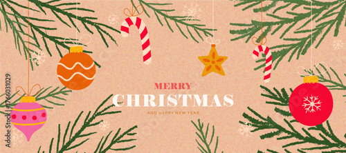 Merry christmas and happy new year greeting cards template. Vector set of winter holiday illustrations in vintage style. Christmas tree and toys.