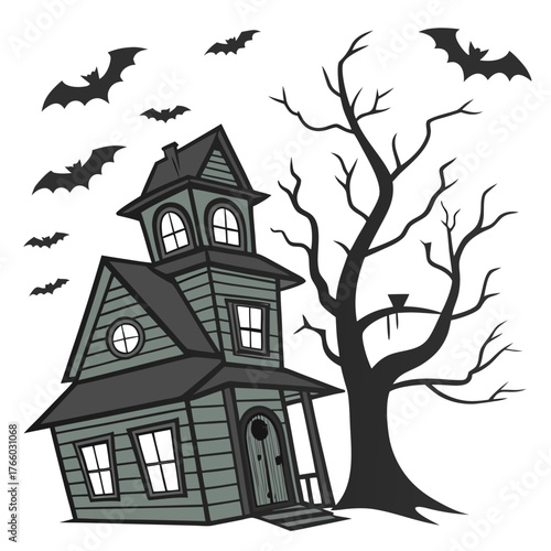 Creepy haunted house with bats and a bare tree