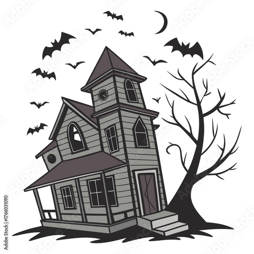 Spooky haunted house with bats and a bare tree