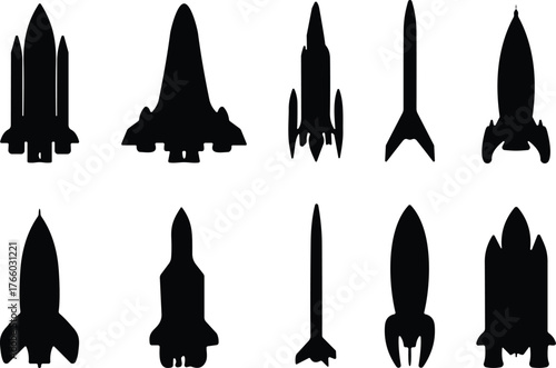Silhouettes of ten unique rocket and spacecraft designs showcasing aerospace engineering, booster configurations, and nose cone variations for reference