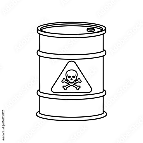 Toxic waste barrel vector icon — hazardous material transport, skull and crossbones danger sign, minimal line art, black outline.