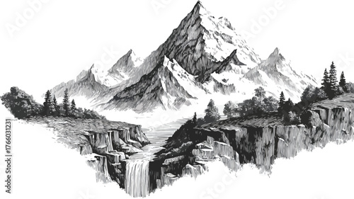 Majestic Mountain Range with Cascading Waterfall Vector Landscape