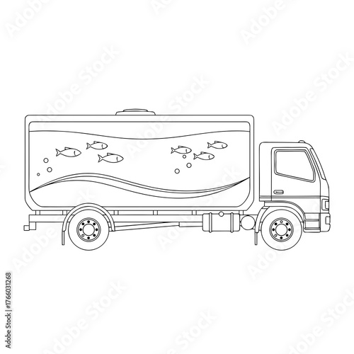 Live fish transport truck vector — aquarium water tank vehicle, marine animal logistics, line art style, minimal vector illustration.