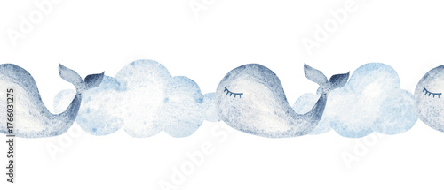Watercolor baby whale seamless border with clouds. Hand drawn nautical pattern for nursery, baby shower cards, invitations and wall art.