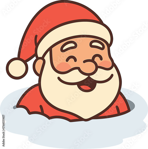 Un visage de Père Noël souriant émerge d'un trou dans la neige