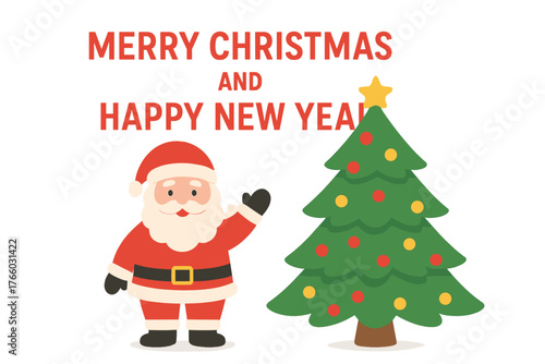 Wishing you a Merry Christmas and a Happy New Year, featuring Santa Claus and a Christmas tree set against a white background, with space reserved for copy