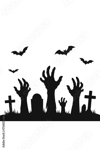 A silhouette of a cemetery with zombie hands, a vector illustration of a spooky graveyard where monster arms rise from tombstones, accompanied by flying bats, a black necropolis, and undead creatures