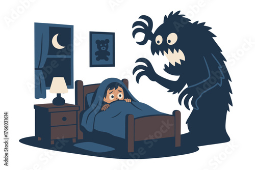 The concept of childhood phobias and fears, featuring a monster in a child's bedroom