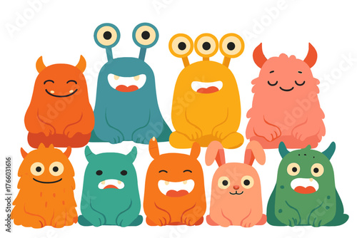 A multitude of vibrant monsters sit before a dark backdrop, looking cute and humorous