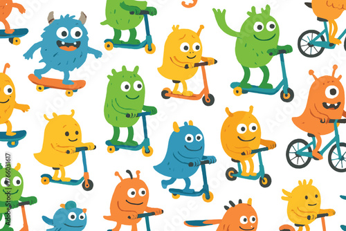 A continuous design featuring playful, brightly colored monsters on skateboards, scooters, and bicycles, suitable for baby and children's wrapping paper and textile patterns