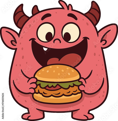 A funny baby monster gleefully gazes at a chicken burger, eating it with delight; a cute pink creature, hungry and playful, celebrates burger day with a cheerful, childlike expression