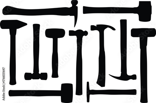 Silhouettes of various hammer types arranged in artistic layout showcasing tool diversity, industrial design, and construction equipment reference