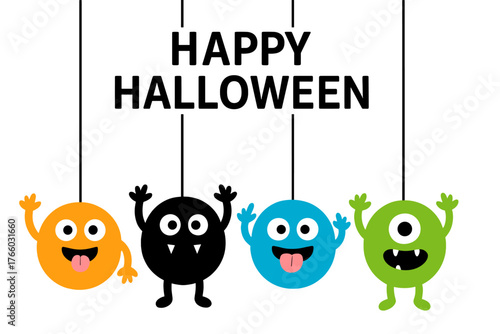 Happy Halloween! A colorful silhouette of a monster head and face, with eyes, tongue, fangs, and raised hands, depicted as a cute, kawaii, scary, funny baby character on a white background in flat