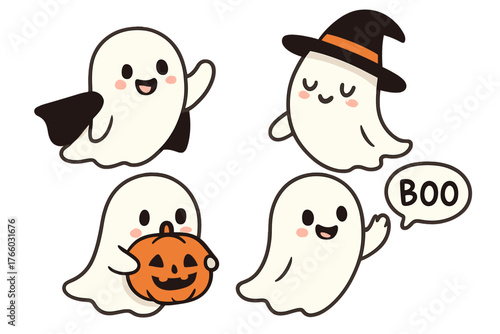 Adorable cartoon ghosts and Halloween characters, playful baby spook creatures don capes and headgear, a charming spirit with a pumpkin says boo, alongside fantasy monsters, horror phantoms, and