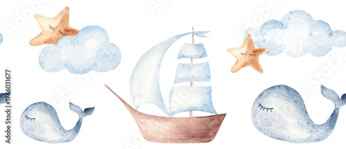 Watercolor whale, ship, star and cloud seamless border. Hand painted vintage nautical baby pattern for nursery and baby shower designs.