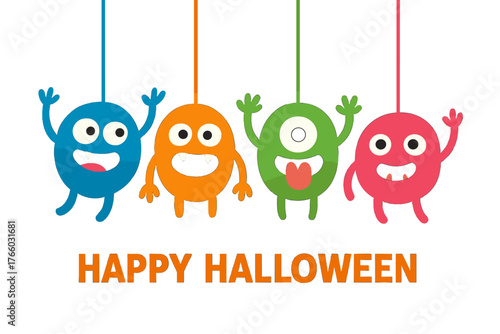 Happy Halloween! A colorful silhouette of a hanging monster head with eyes, tongue, fangs, and raised hands, presented as a cute kawaii cartoon character on a black background in flat design