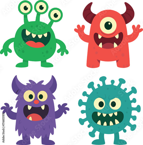 It includes an alien monster, cartoon baby space creature characters, a friendly beast mascot, a collection of scary mutants, colorful gremlins and goblins with eyes, comic demons, and a set of