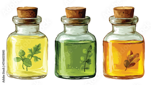 Organic Herbal Oil Poured in Glass Corked Jars Vector