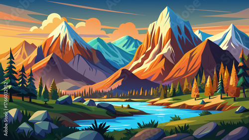 Very beautiful, Sierra Nevada mountains in California, USA, majestic peaks, rugged cliffs, snow-capped summits, dense forests, alpine meadows, clear blue skies, panoramic landscape, serene wilderness,