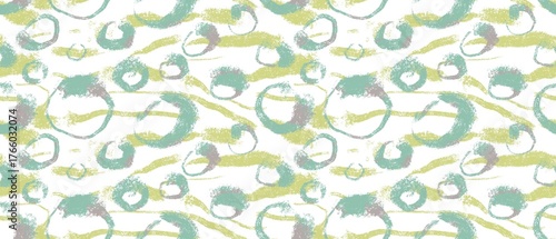 Seamless abstract geometric pattern. Background in green, beige, white. Illustration. Lines, stains, circles. Design for textile fabrics, wrapping paper, background, wallpaper, cover.