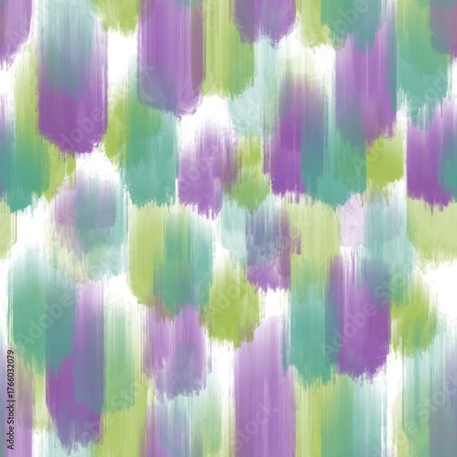 Seamless abstract textured pattern. Purple, green, lime lines on white. Digital brush strokes. Design for textile fabrics, wrapping paper, background, wallpaper, cover. Illustration.