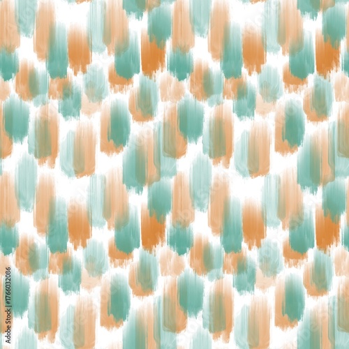 Seamless abstract textured pattern. Green, orange lines on white. Digital brush strokes. Design for textile fabrics, wrapping paper, background, wallpaper, cover. Illustration.