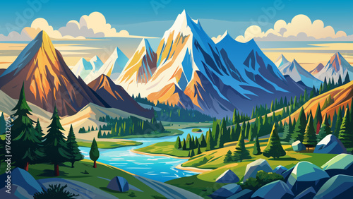 Very beautiful, Sierra Nevada mountains in California, USA, majestic peaks, rugged cliffs, snow-capped summits, dense forests, alpine meadows, clear blue skies, panoramic landscape, serene wilderness,
