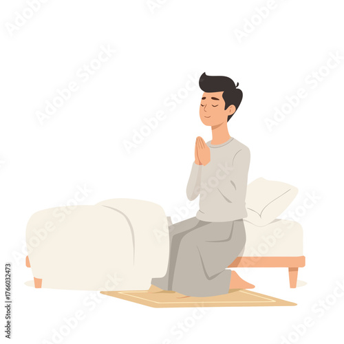 Morning Prayer After Waking Up – Flat 2D Vector Illustration on White Background
