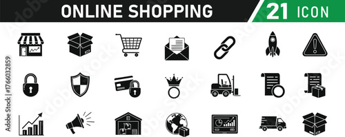 Online Shopping icon set. Including Shopping Cart, Credit Card, Tag, Truck, Box, Heart, Search, Star, Gift, Lock. Vector silhouette illustration