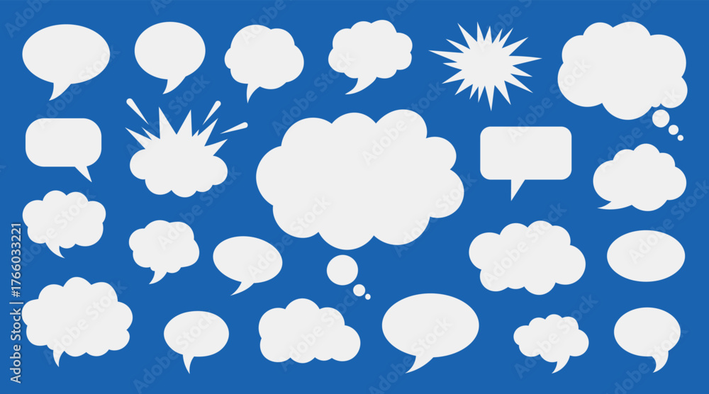 Naklejka premium Collection of diverse white speech bubbles and thought clouds on a vibrant blue background, representing communication, ideas, and conversation in various styles vector illustration