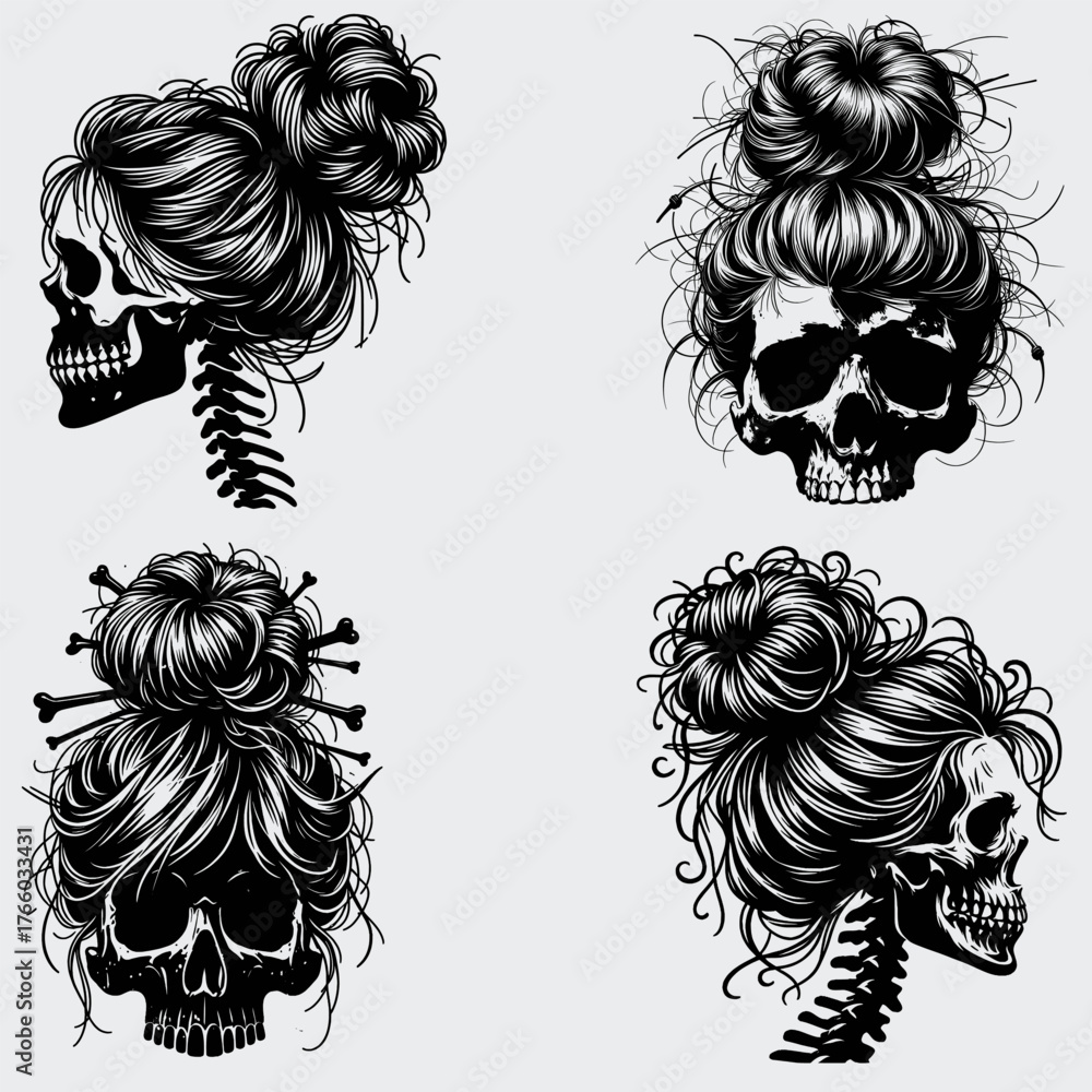 Obraz premium Skeleton Messy Bun Hair Vector SVG Bundle, Skeleton SVG, Messy Bun SVG, Hair SVG, Skull SVG, Vector, Silhouette, Cutting File For Cricut SVG