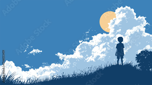 Young Boy Watching Sky Horizon Hilltop Vector Illustration