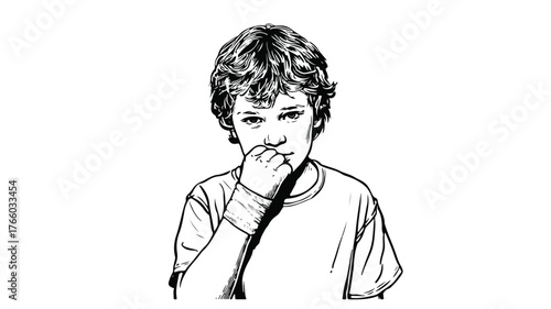 Young Boy Cries Standing with Bandaged Finger Vector Illustration