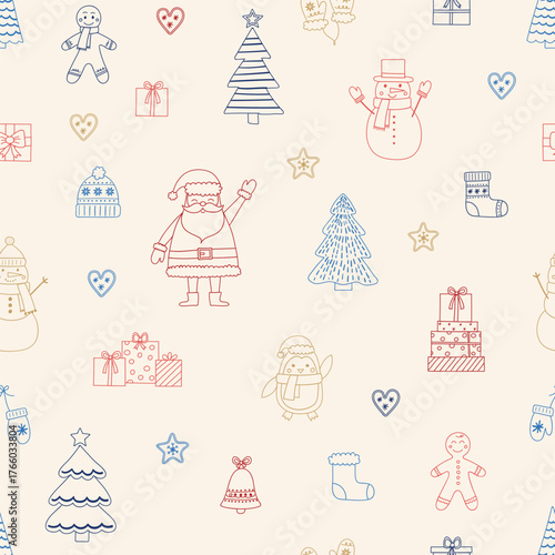 Christmas seamless pattern. Cute holiday background with cartoon ornaments. Vector illustration