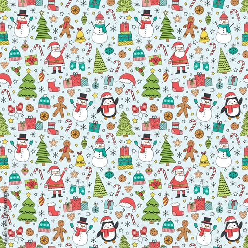Christmas background design. Seamless pattern with cartoon ornaments. Vector illustration
