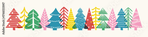 Christmas banner with cartoon holiday trees. Vector illustration