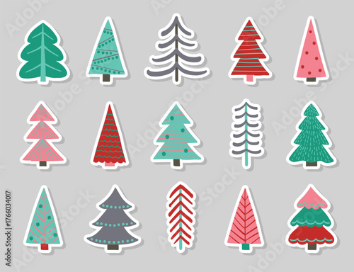 Abstract Christmas tree stickers set. Hand drawn X-Mas decorations. Vector illustration