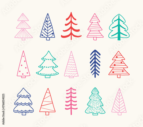 Cartoon Christmas tree icon collection. Abstract ornaments design. Vector illustration